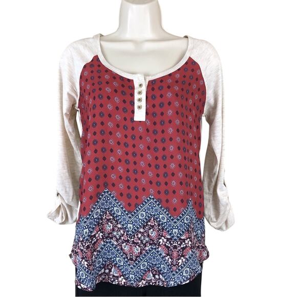 Rewind Boho Inspired Red White Blue Scoop Neck Roll sleeve Mixed Media Top - Picture 16 of 16